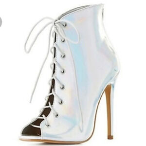 Charlotte Russe Miley silver holographic lace up high heel ankle bootie boots 7